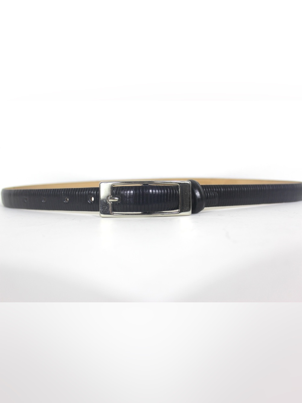 30”-34” Narrow Ribbed or Creased Black Leather Belt Silver Buckle Vintage USA